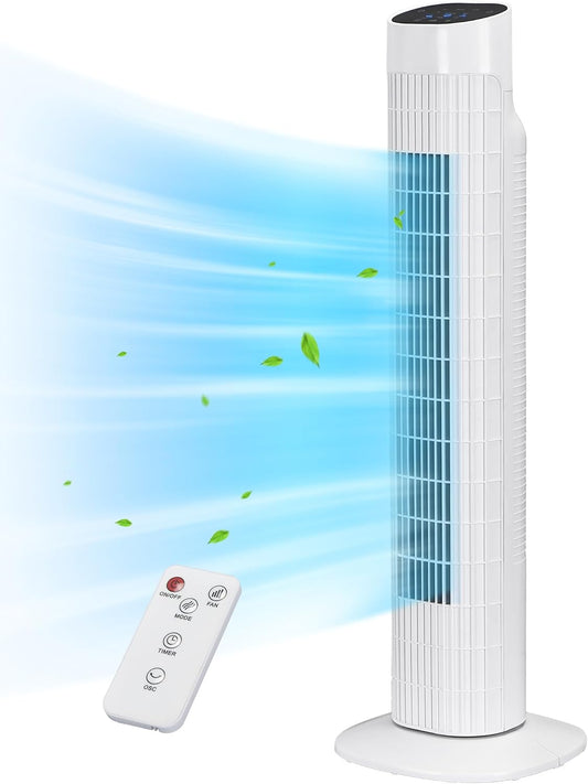 Uthfy Tower Fan with Remote, Portable 120° Oscillating Standing Fan, 3 Speeds & 3 Modes, 7.5H Timer, Fans That Blow Cold Air for Bedroom, Living Room, Office, White