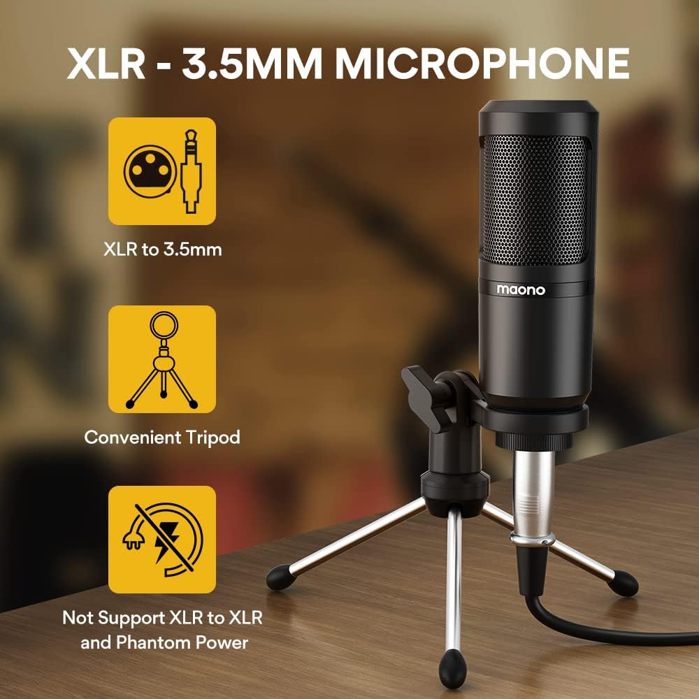MAONO Podcast Equipment Bundle with Audio Mixer & 3.5mm Mic for Streaming | All-in-one audio production, PC and smartphone-compatible, 4 custom soundpads, for creators, home podcast setup AU-AM200-S1