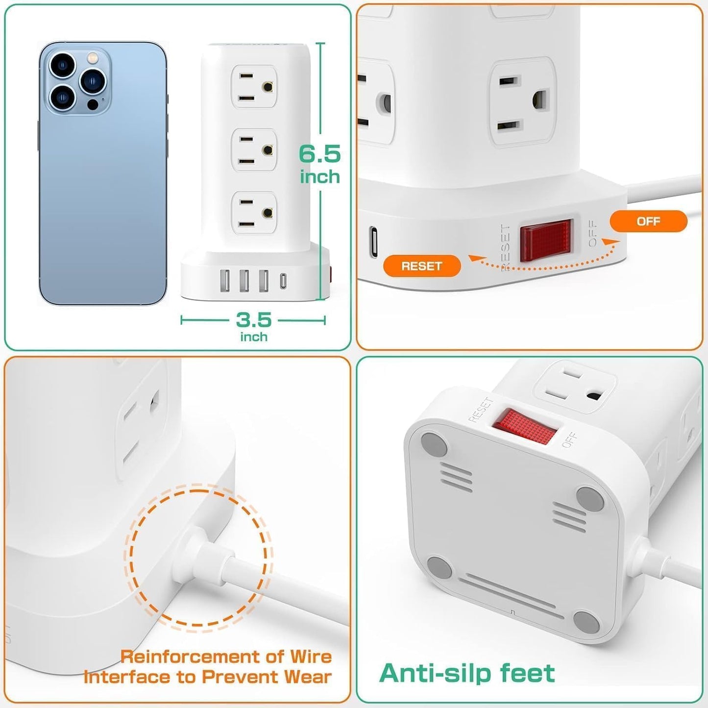 Power Strip with 12 Outlets 4 USB (1 USB C), 6.5Feet Extension Cord with Multiple Outlets, Charging Station, Power Strip Tower, Home Office Desk Supplies