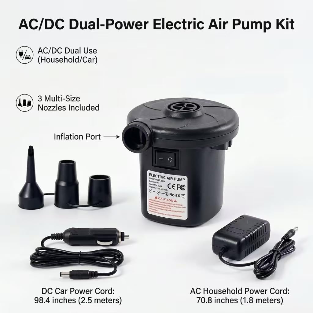 Portable Air Pump with 3 Nozzles,5kPa for Inflatables Mattress Pool Floats Toy Water Raft Bed Boat Pool Toy with 110 US Adaptor and Car-Powered 12v-DC