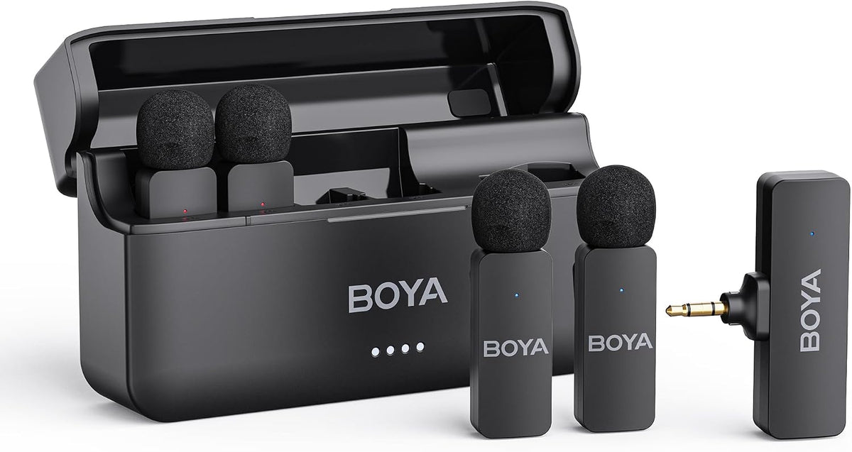 BOYA BY-V4 Wireless Microphones for Cameras DSLR Camcorder with Charging case, 12H Battery Life, 650ft Range, 4-Channel Omnidirectional Noise Canceling Lavalier Mic for Live Streaming Vlog