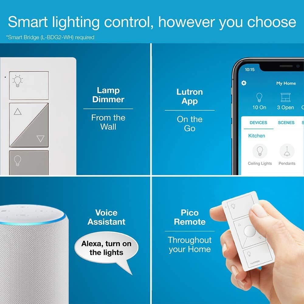 Lutron Caseta Smart Lamp Dimmer Kit; Plug-in Dimmer & Pico Wireless Remote | Wireless remote and lamp dimmer kit adds a new switch for floor lamps or table lamps without running wires P-PKG1P-WH, White
