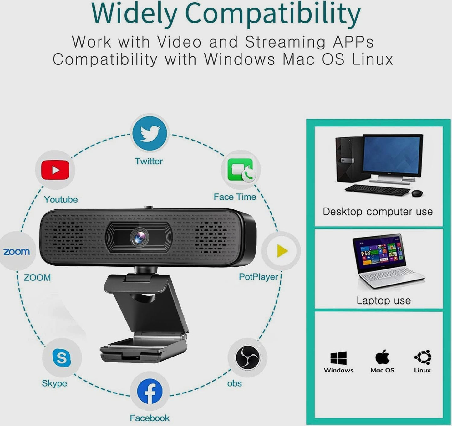3-in-1 2K Webcam with Dual Speakers & 4 Noise-Canceling Mics, USB Plug & Play Computer Camera with Privacy Cover for Zoom Meeting Online Teaching Video Calling