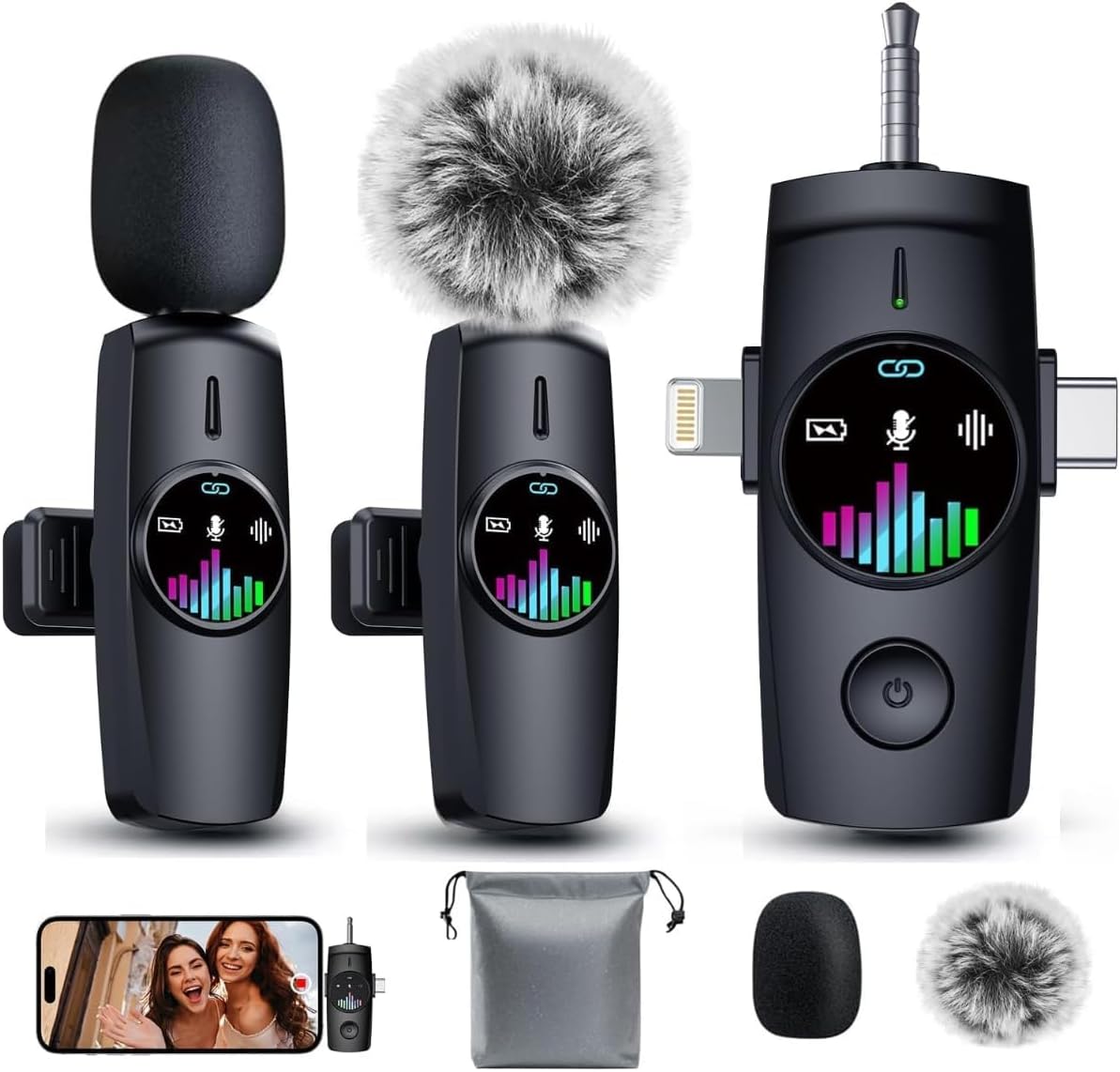 3-in-1 Wireless Lavalier Microphone: Mini Microphone 20H Battery, 80ft Range, DSP Noise Cancel - Plug & Play for iPhone Android, Live Streaming, Content Creators Programmes