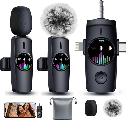 3-in-1 Wireless Lavalier Microphone: Mini Microphone 20H Battery, 80ft Range, DSP Noise Cancel - Plug & Play for iPhone Android, Live Streaming, Content Creators Programmes