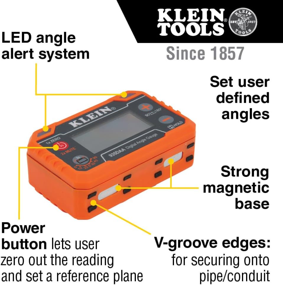 Klein Tools 935DAA Digital Electronic Level and Angle Gauge, LED Alert, Measure and Set Angles, 0-90 and 0-180 Degree Ranges
