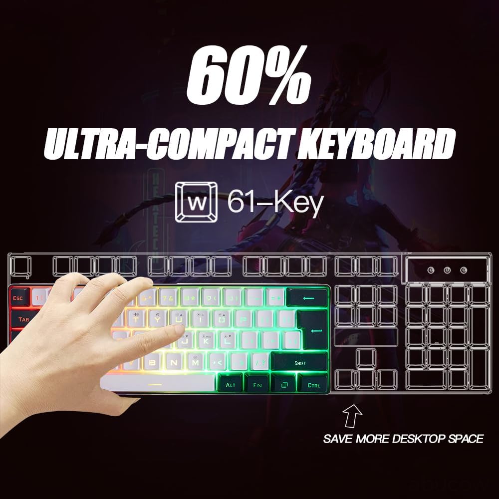 abucow 60% Percent Gaming Keyboard Minimalist Portable Wired Ultra-Compact Mini Imitation 61 Keys RGB Backlit Keyboard (White-Black)