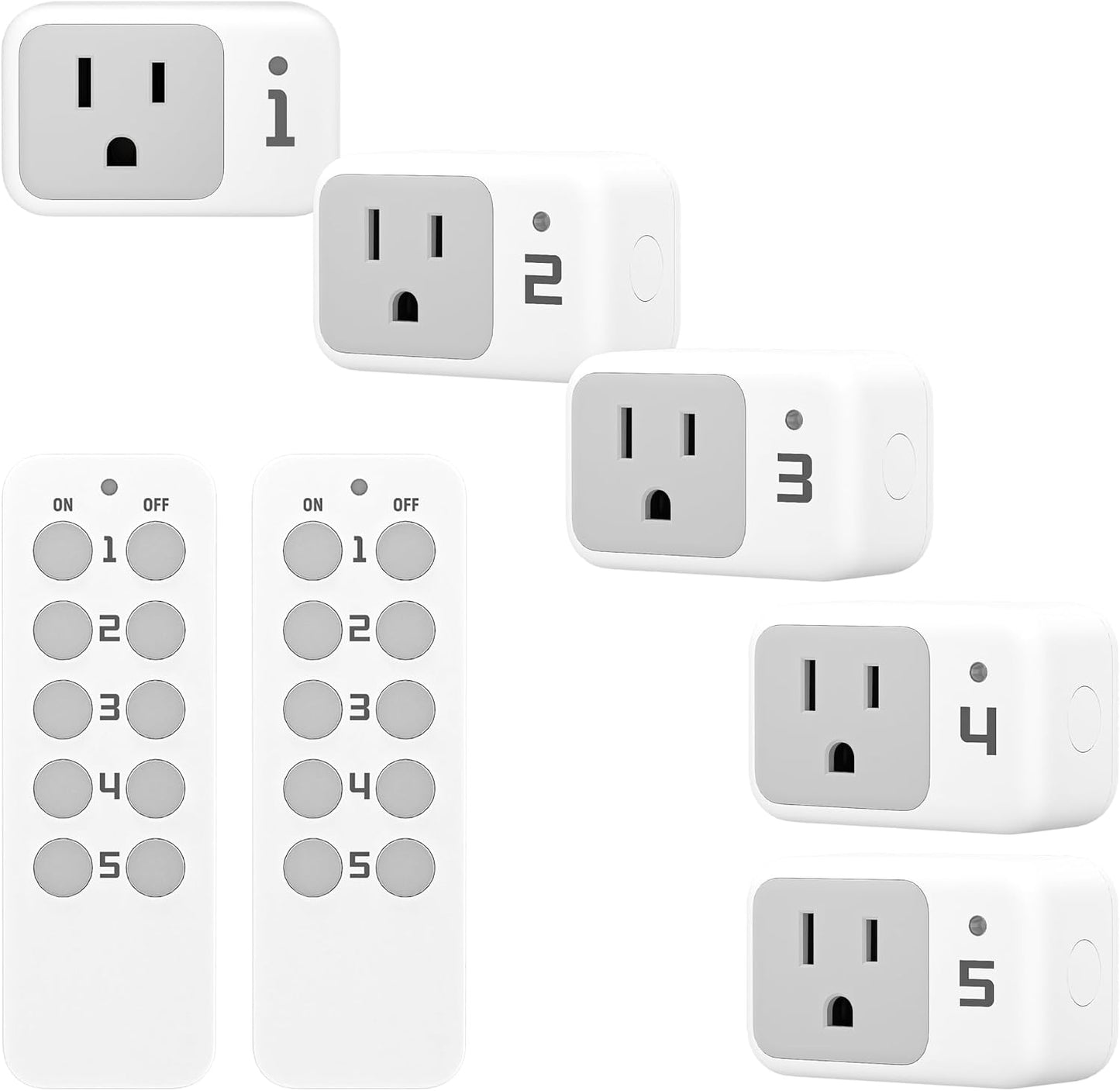 TESSAN Wireless Remote Control Outlet, 2 Remotes + 5 Outlets | ON/Off Light Switch, 100ft Range, For Indoor String Lights, Lamps, Home Appliances, Electrical Wall Plug