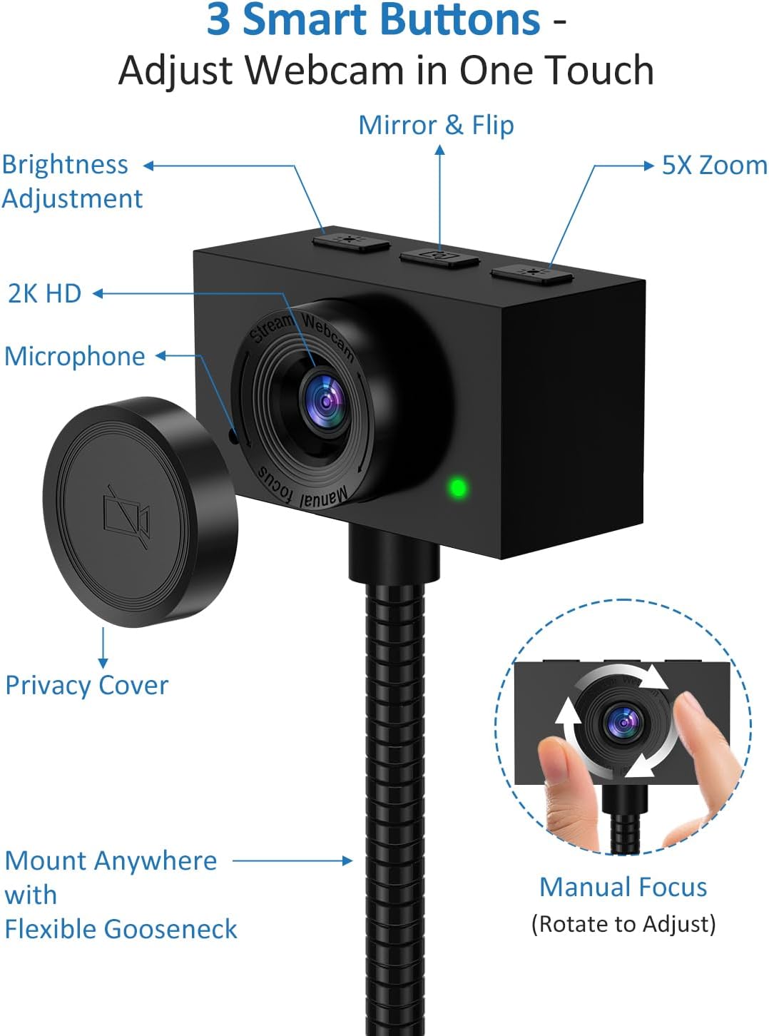 Webcam with Stand, 2K Webcam for PC with Microphone, HD Laptop Web Camera | Wide Angle Webcam With FOV 95°, USB Plug & Play, Manual Focus, Zoom Computer Webcam for Online Teaching, Video Calls