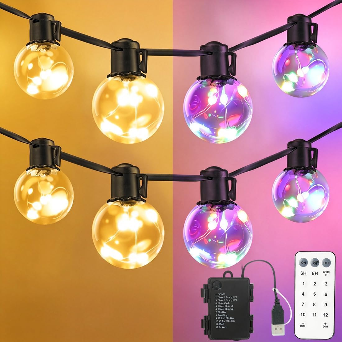 30ft Outdoor String Lights Battery Powered, 20 G40 LED Patio Bulbs | Warm White,Dimmable,Remote,Timer,IP65 Waterproof Hanging Globe Bulb Shatterproof for Backyard Balcony Bistro Christmas Decor
