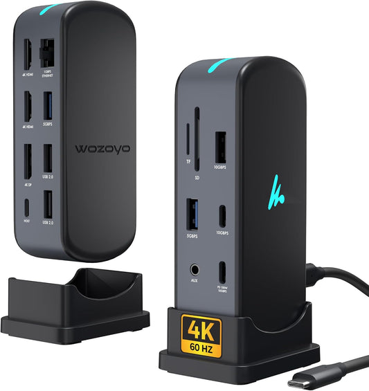 Type C 14 in 1 Wozoyo Docking Station, PD 100W, 2X4K@60Hz HDMI, 4K DisplayPort, 2XType-C 10Gbps, USB 10Gbps, Gigabit Ethernet, AUX Port, Compatible Thunderbolt 4, macOS, Windows, Android & iOS