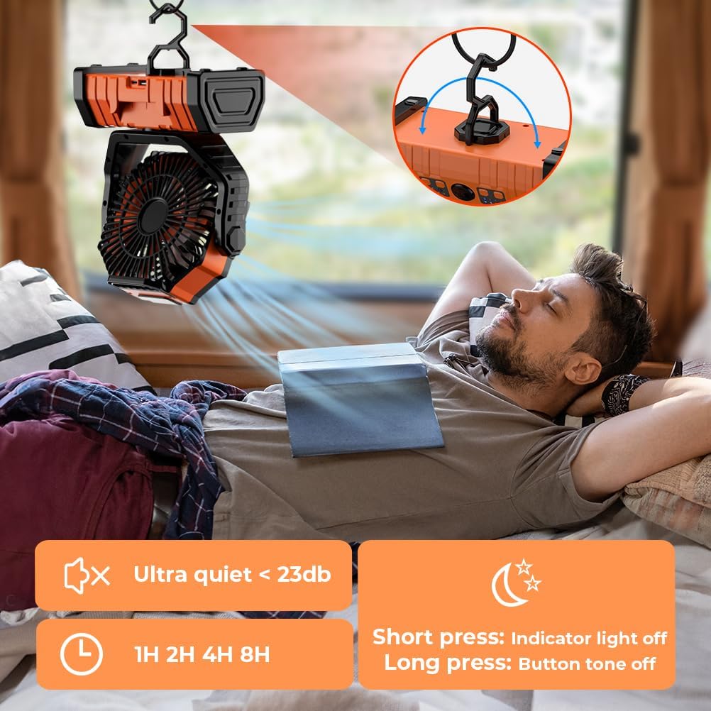 Camping Fan - 20000mAh Battery Powered Fan Rechargeable with LED Lantern - Portable Outdoor Tent Fans with Hanging Hook 4 Speeds Wind Remote Control, Black and Orange