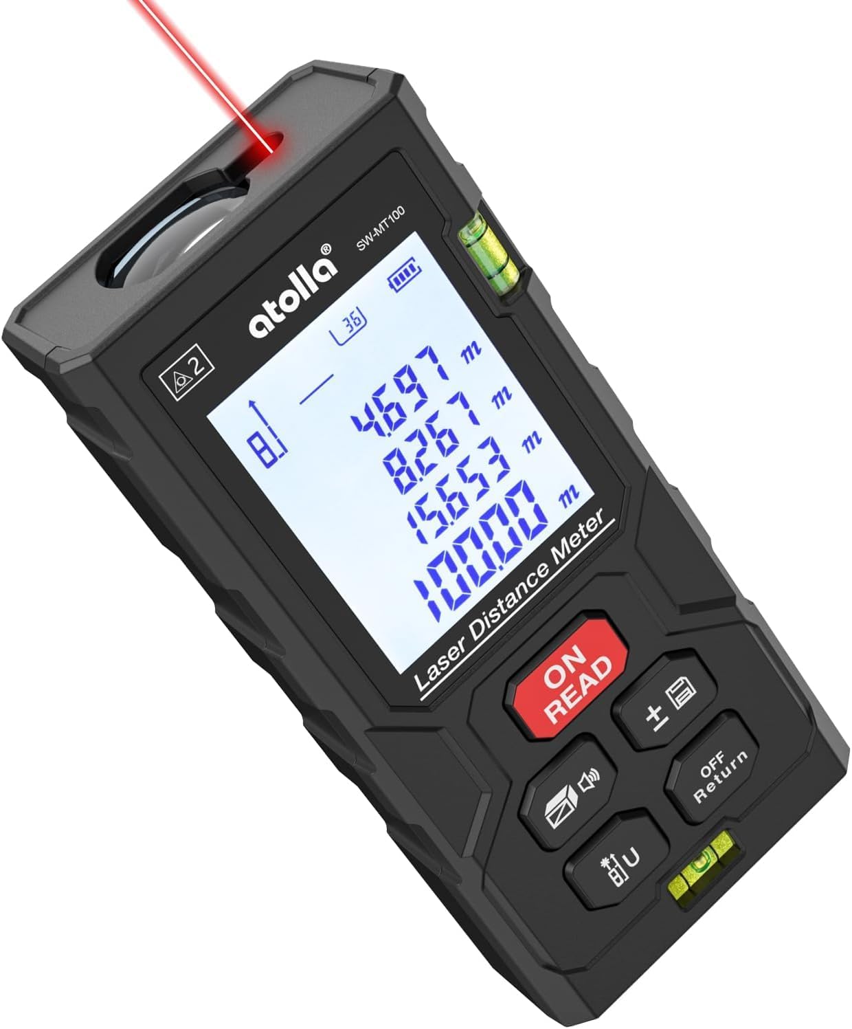atolla Laser Tape Measure, Laser Distance Meter with Bubble Level | 4 Measurement Modes, 99 Measurement Memory, Backlit LCD, M/in/ft Unit Switching, Waterproof IP54, One Button Operation