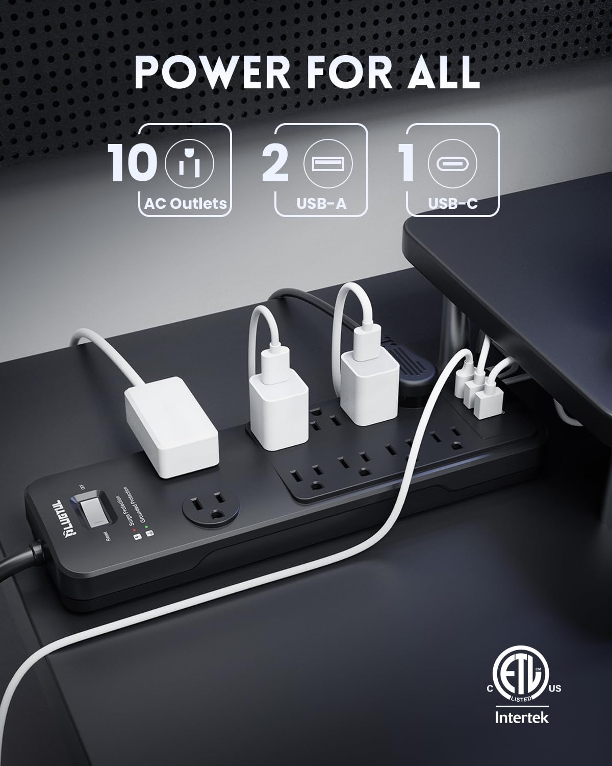 Surge Protector Power Strip 25FT | Surge Protector with 10 Outlets - Spacious Design for Large Plugs, Flat Plug, 20W USB C Charging for Home, ETL Listed, 2040J