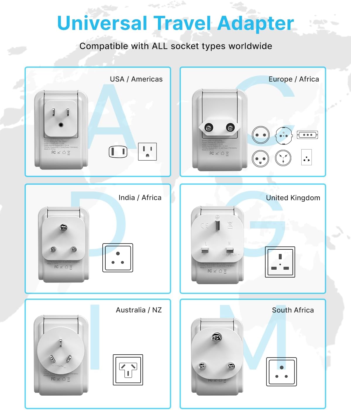 VINTAR Universal Travel Adapter Kit, Type A,C,G,D,I,M Detachable Plug | 7 in 1 International Power Adapter with 4 Outlets 3 USB(2 USB-C), Travel Adaptor Worldwide for US EU UK India South Africa