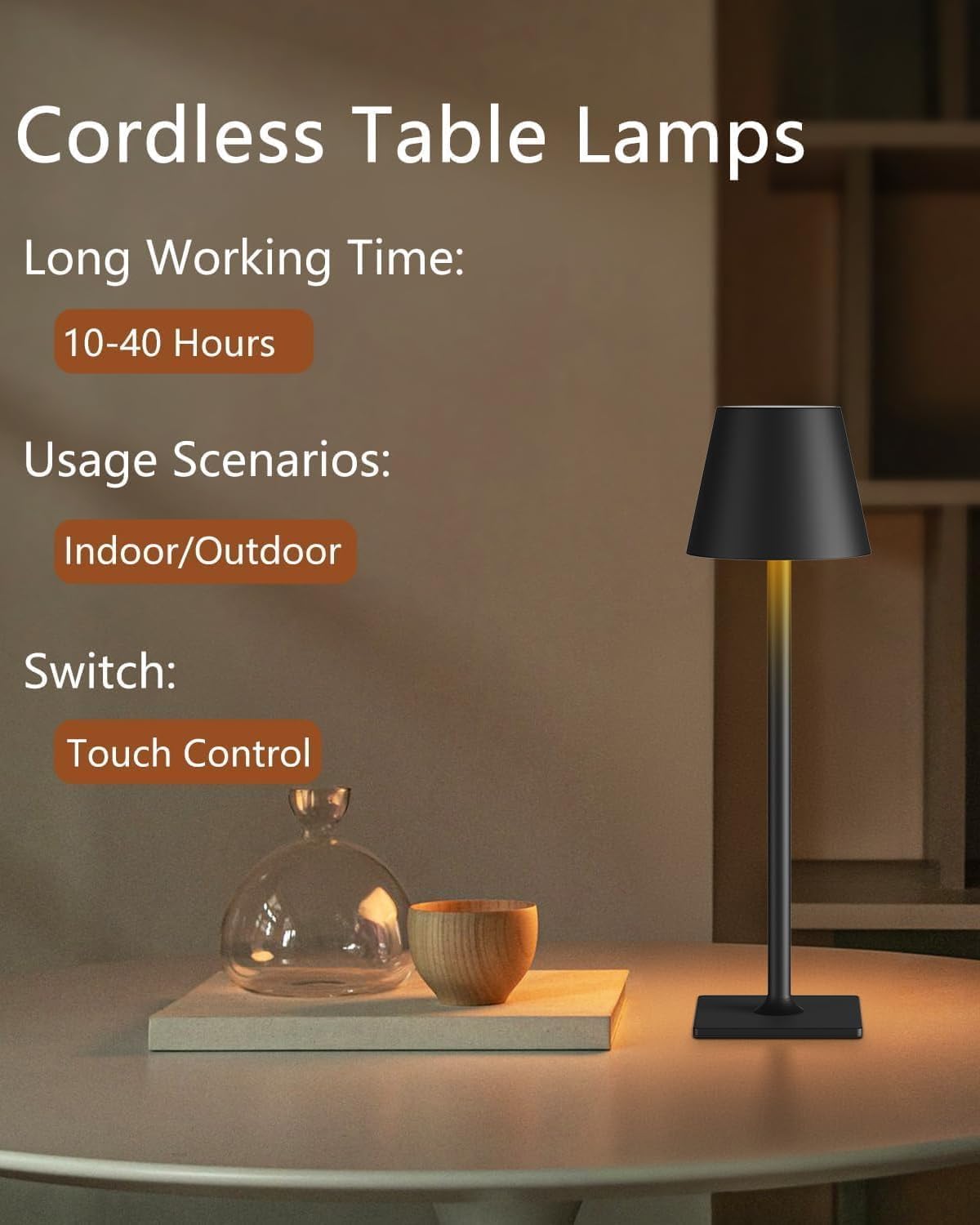 Fizrice Rechargeable Table Lamp 2 Pack Cordless Battery Operated, Black | IP65 waterproof wireless design with adjustable brightness and height feature for patio, bedroom, restaurant