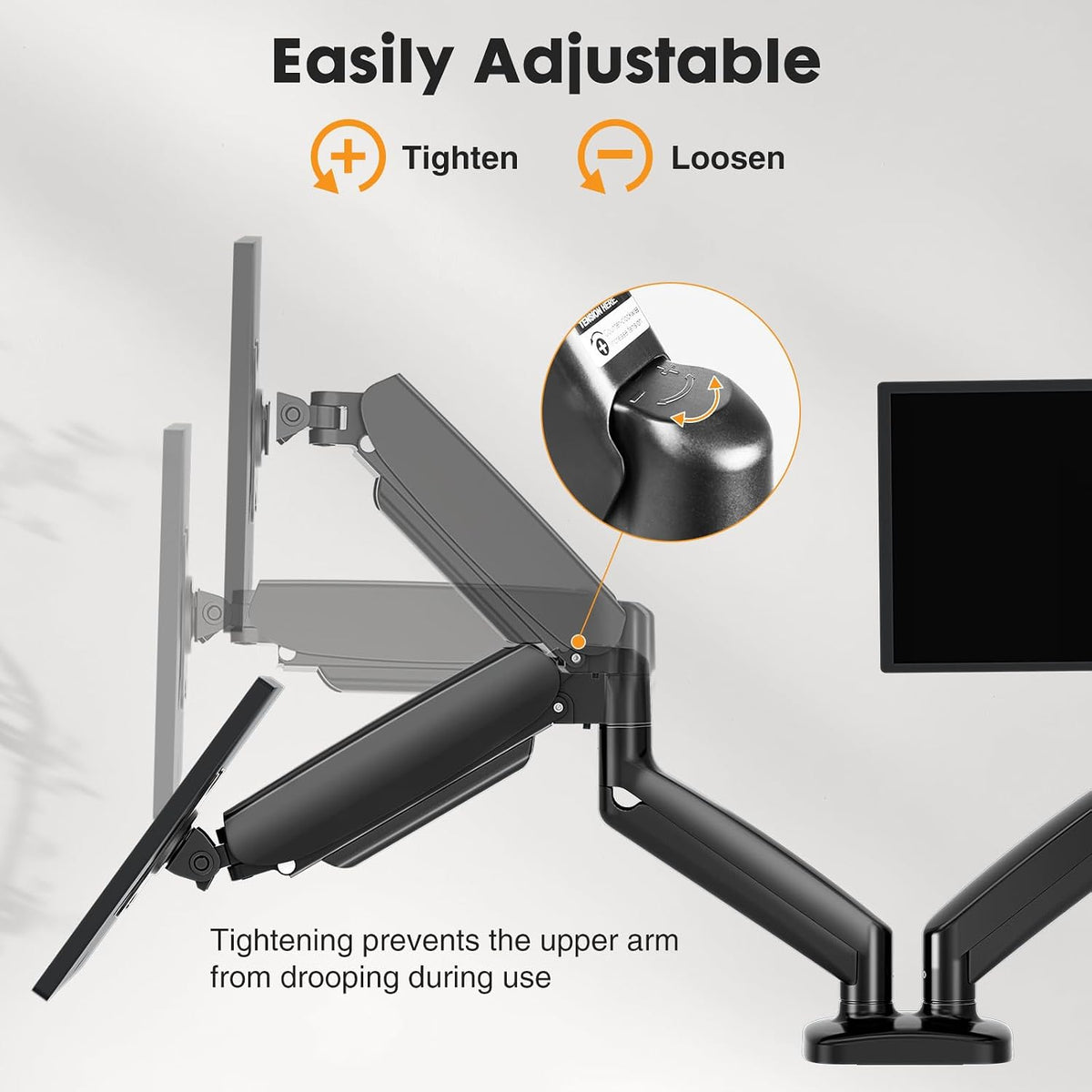 DUMOS Dual Monitor Mount for Desk, Gas Spring Monitor Arm for 2 Monitors Max 32 Inches, Fully Adjustable Double VESA Mount with C-Clamp/Grommet Base, Holds Screen 17.6 lbs