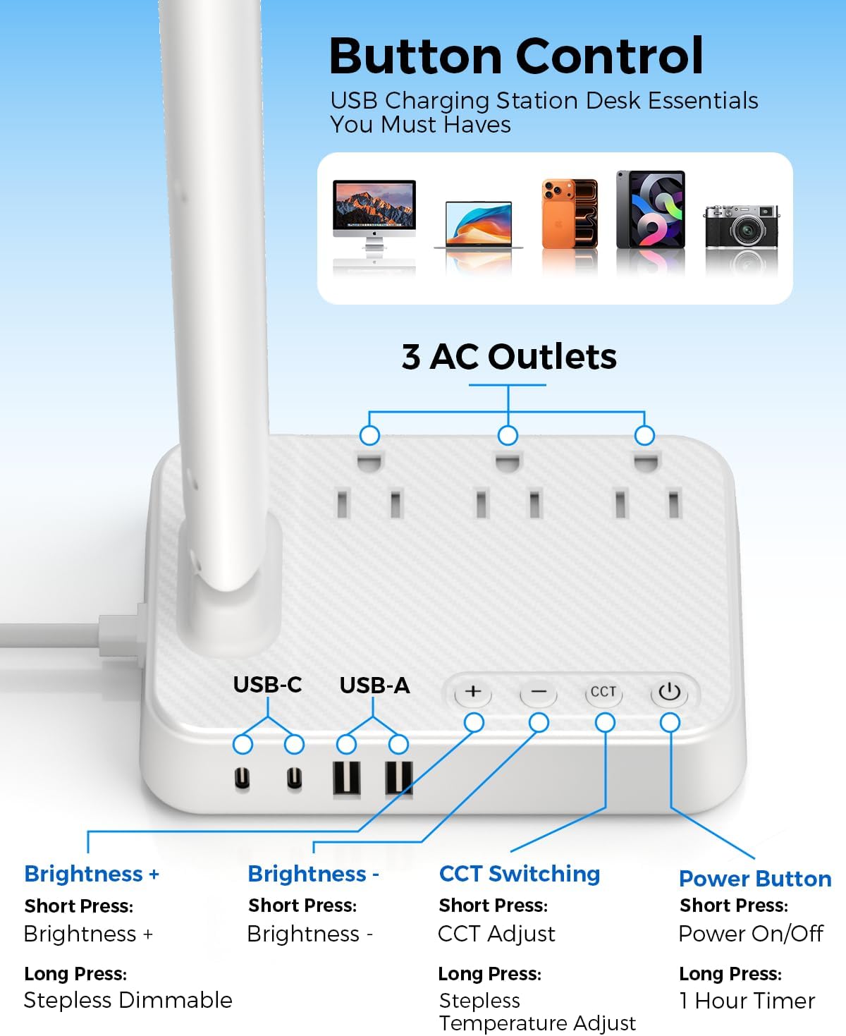 LED Desk Lamp with Power Strip, 3 AC Outlets, 4 USB Ports, Stepless Dimming