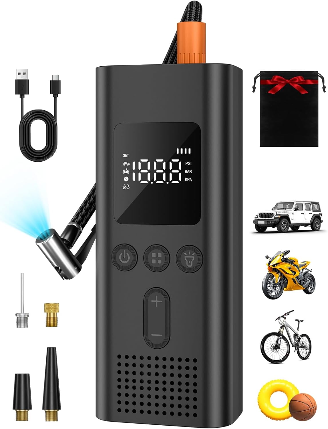 Tire Inflator Portable Air Compressor, Bike Pump with Auto Shut-Off | 150PSI, Cordless, Fast Inflation, Emergency Tool, Air Pump for Car Tires, Bikes, Balls, Swimming Ring