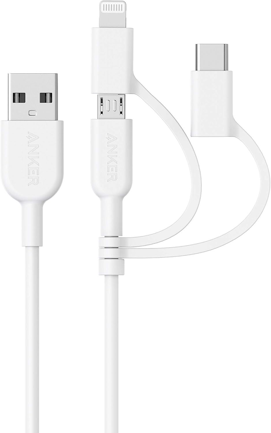 Anker Powerline II 3-in-1 Lightning, USB C, Micro USB Cable (3 ft, Black) | Compatible with iPhone, iPad, Huawei, HTC, LG, Samsung, Sony Xperia, Android Devices, and More