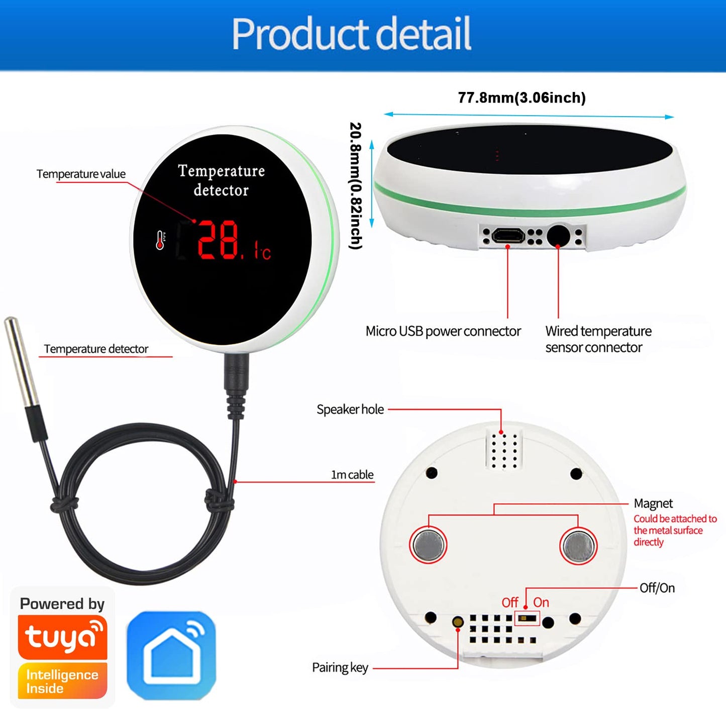 WiFi Temperature Sensor Smart Thermometer: Digital Temperature Monitor Gauge with Waterproof External Probe, App Alert &amp; Buzzer Alarm, Rechargeable Battery, for Freezer, Refrigerator, Fish Tank