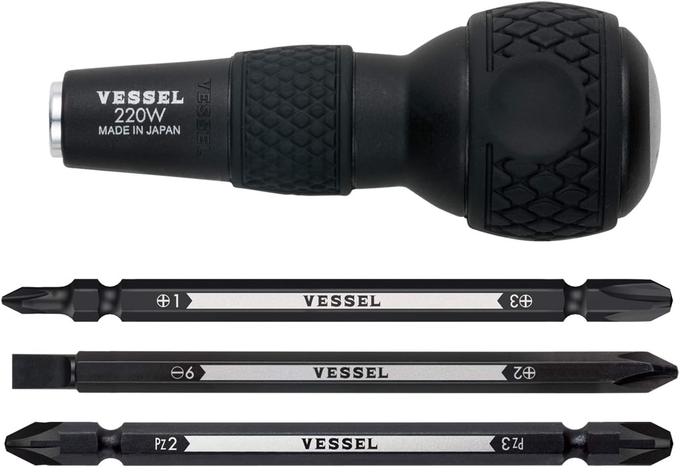 VESSEL BALL GRIP 1/4" Hex. Bit Interchangeable Screwdriver (Bit 3PC. (+1, +3 / +2, -6 / PZ2, PZ3) SET. 220W3J1)