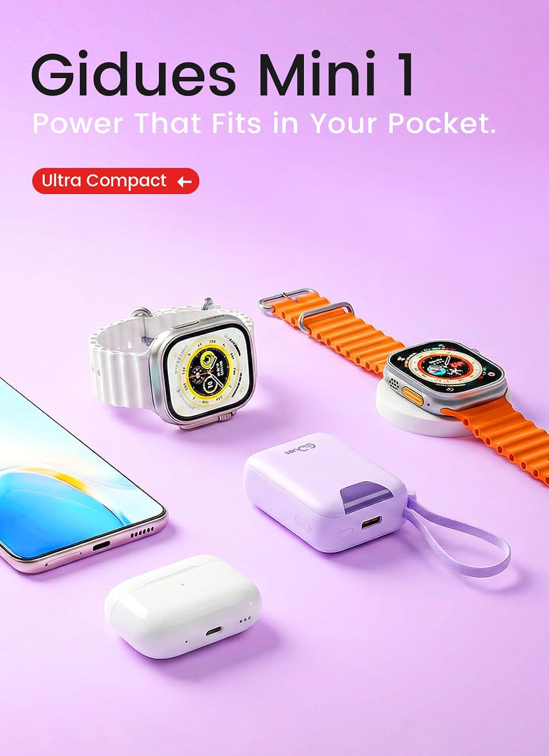 M1 Mini Portable Charger, 10000mAh Ultra-Compact Power Bank, 22.5W PD Fast Charging, Tpye-C Built-in Cable, Small External Battery Pack for iPhone, Samsung, Android iPad (Purple)
