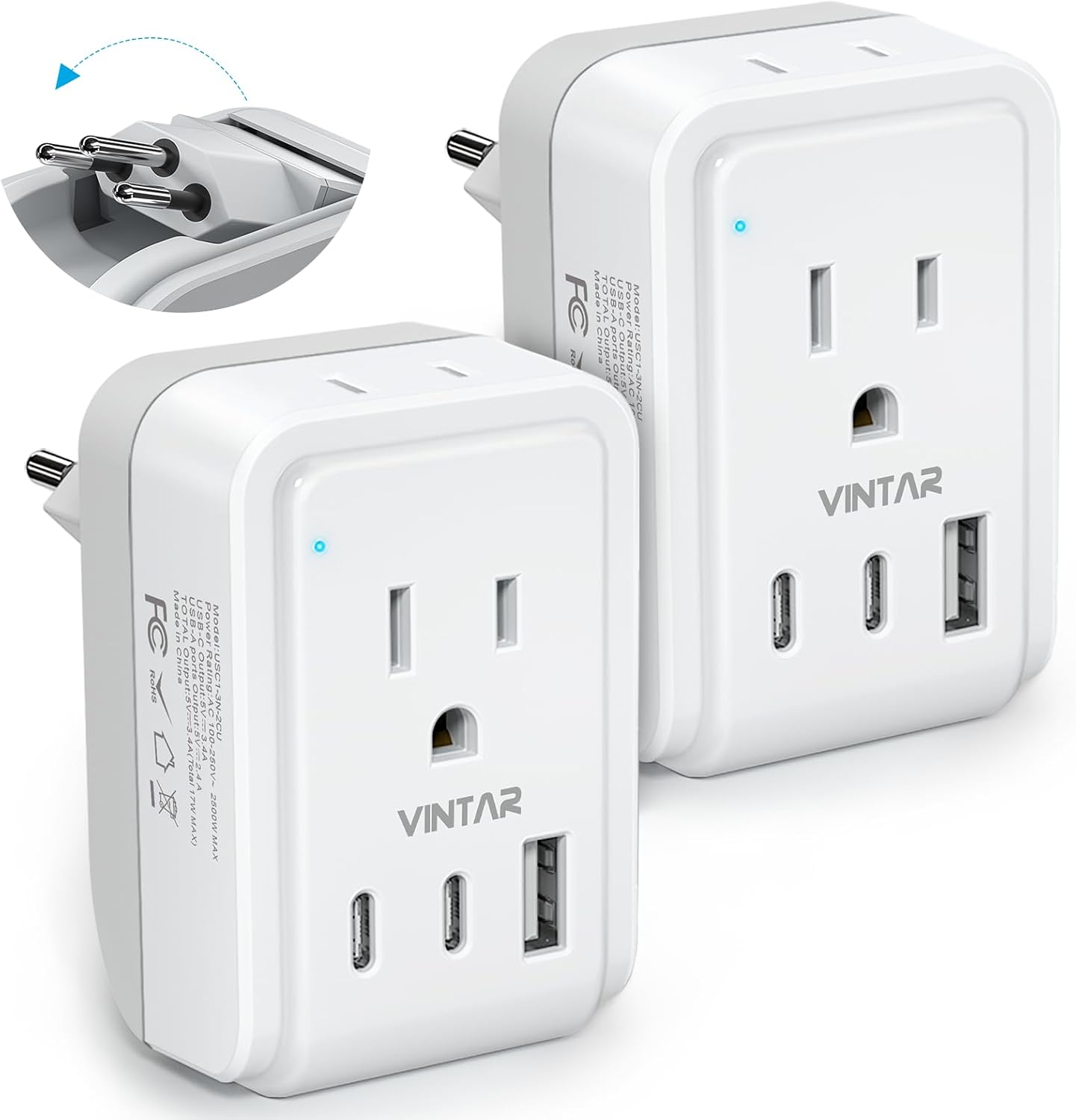 VINTAR 2 Pack European Travel Plug Adapter, Type C Foldable Power Adaptor | 2 AC Outlets 3 USB Charging Ports(2 USB C), International Power Adapter for US to Most Europe EU Italy Spain France Germany