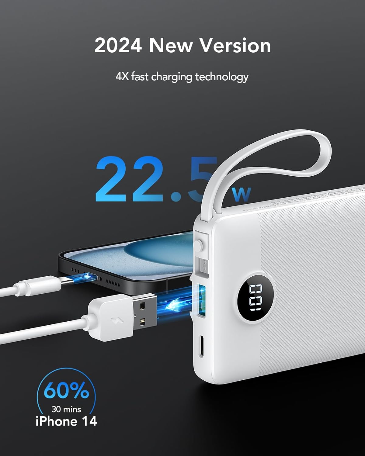 VRURC Power Bank for iPhone, 22.5W Portable Charger with Built-in Cables | 10000mAh USB C In & Out Cord Portable Phone Charger,Slim Lightweight Charging Bank Travel Essentail-White(1 Pack)