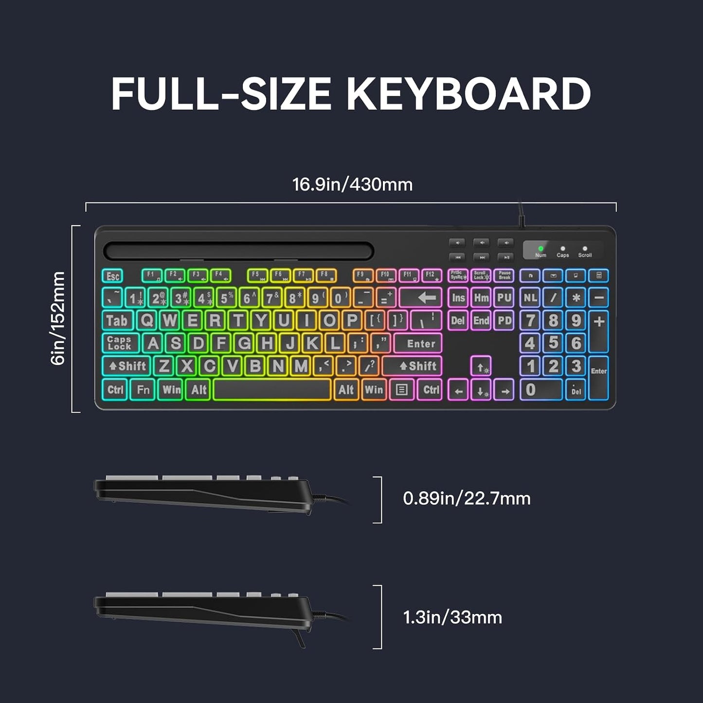 MARVO Large Print Backlit Keyboard, WK712 Wired Computer Keyboards with 7 Colors & 11 Modes Backlight, Tablet Phone Holder and Quiet Light Up Keys, Full-Size Gaming Keyboard for Windows, Mac