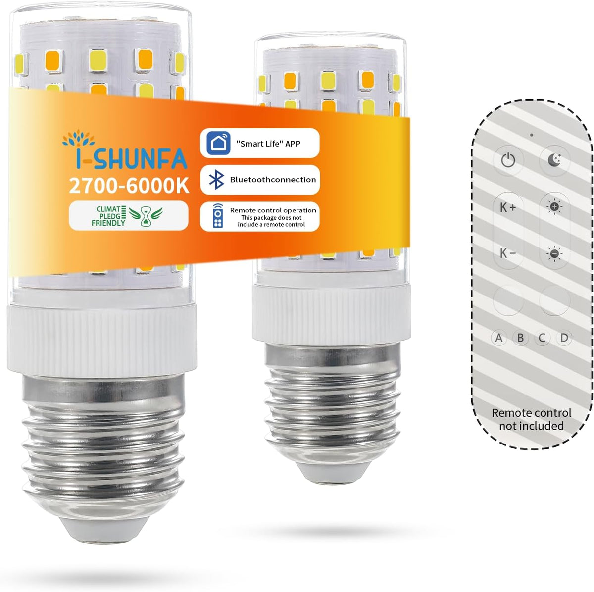 I-SHUNFA Smart E26 LED Bulbs with App Control, Dimmable Bluetooth Bulb, AC 120V, Tunable White 2700K-6500K, 1%-100% Brightness, 7W 700LM, Music Sync, Timer Function (2 Pack Bulbs Only)