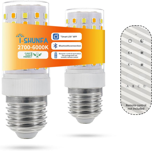 I-SHUNFA Smart E26 LED Bulbs with App Control, Dimmable Bluetooth Bulb, AC 120V, Tunable White 2700K-6500K, 1%-100% Brightness, 7W 700LM, Music Sync, Timer Function (2 Pack Bulbs Only)