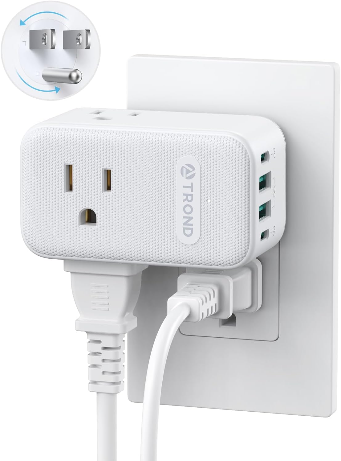 TROND Multi Plug Outlet Extender with 2 PD 20W USB C Charger and 3 Outlets | 360 Rotating Plug, 4 USB Plug Adapter, 2 USB C and 2 USB A, A Small Charging Station for Kitchen Bathroom Cruise Essentials