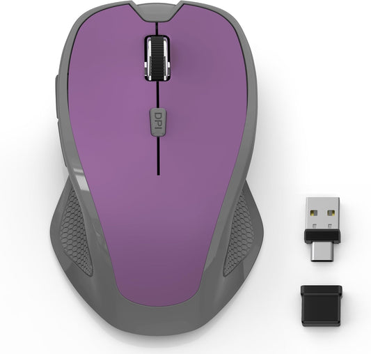 Wireless Bluetooth Mouse for MacBook, Laptop, iPad Air/Pro, Rechargeable Silent Optical Mouse with Jiggler, Dual Mode Bluetooth 5.2/3.0 & 2.4G USBA/USBC Type-C Receiver (Purple)