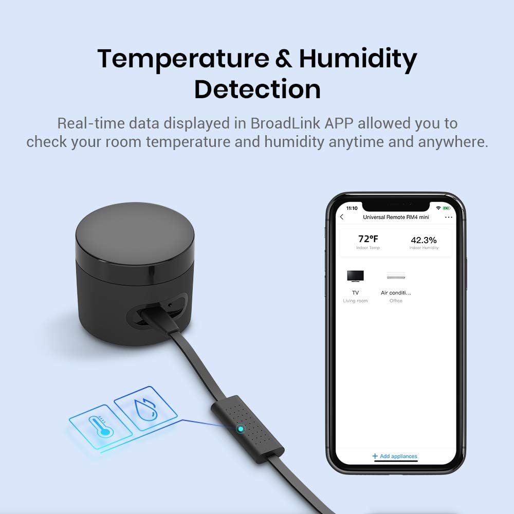 BroadLink RM4 mini Smart Remote and Sensor Cable Set RM4 mini S (2.4 GHz Wi-Fi Only), Universal IR Remote Control Hub with Temperature Humidity Monitor USB Cable, Works with Alexa