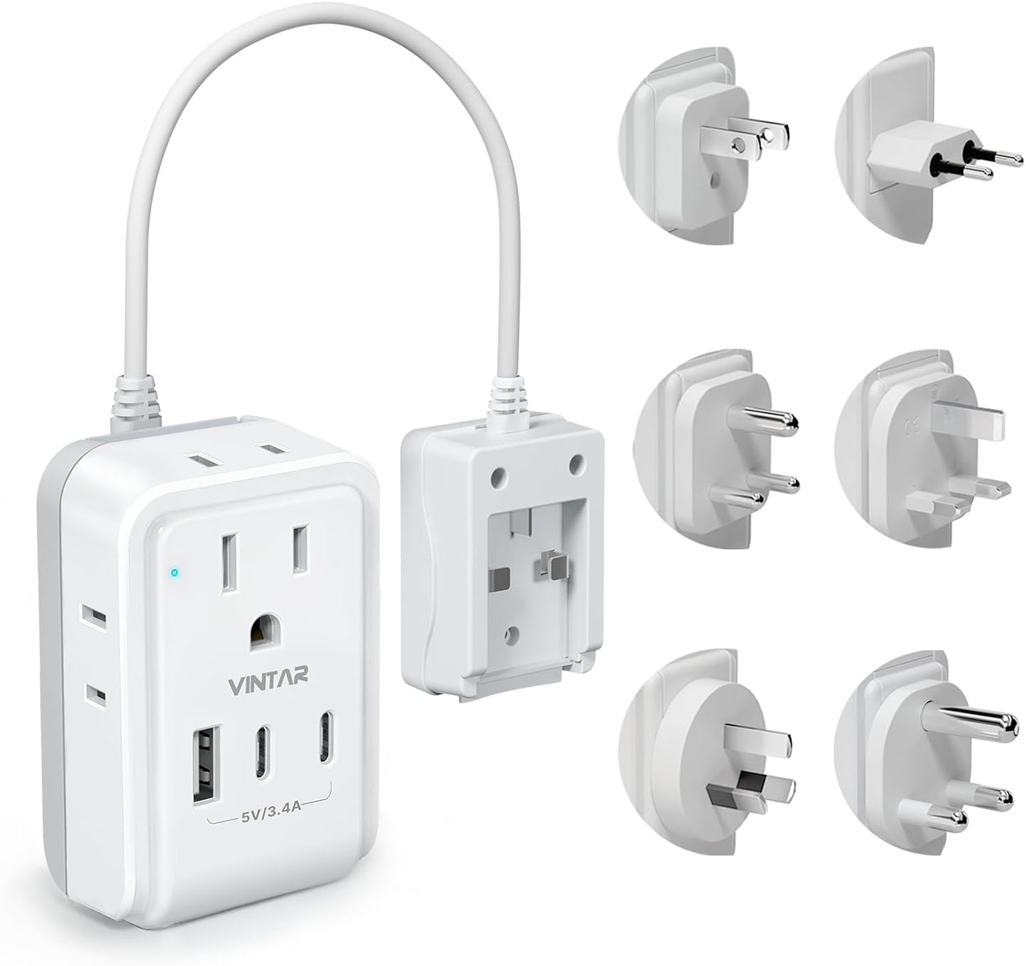 VINTAR Universal Travel Adapter Kit, Type A,C,G,D,I,M Detachable Plug | 7 in 1 International Power Adapter with 4 Outlets 3 USB(2 USB-C), Travel Adaptor Worldwide for US EU UK India South Africa