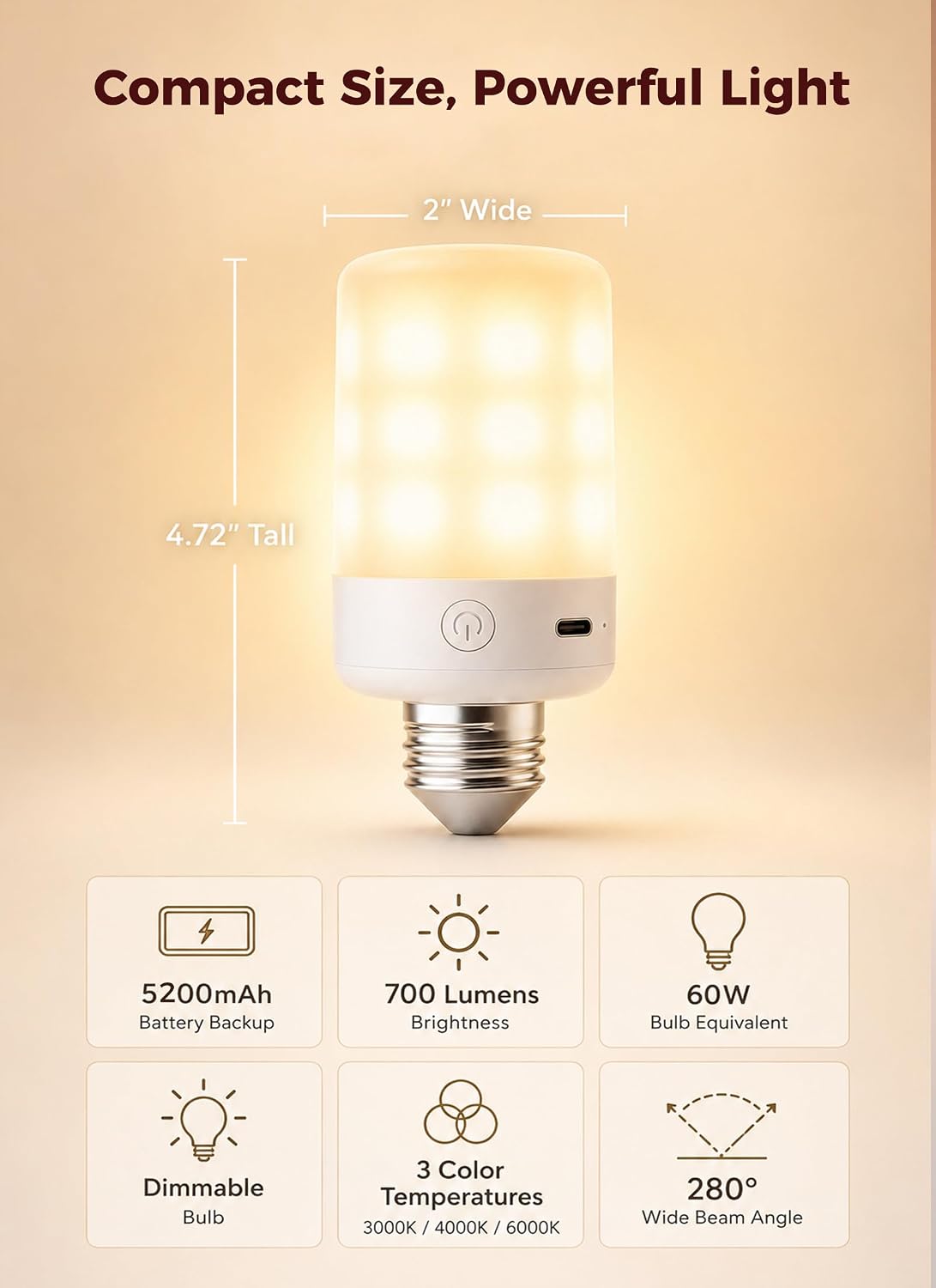 Brightown Upgraded 5200mAh E26 Rechargeable Light Bulbs with Remote Timer | 20–60H runtime, dimmable 3000K–6000K white light, 9 RGB colors, magnetic wireless design for lamps and sconces