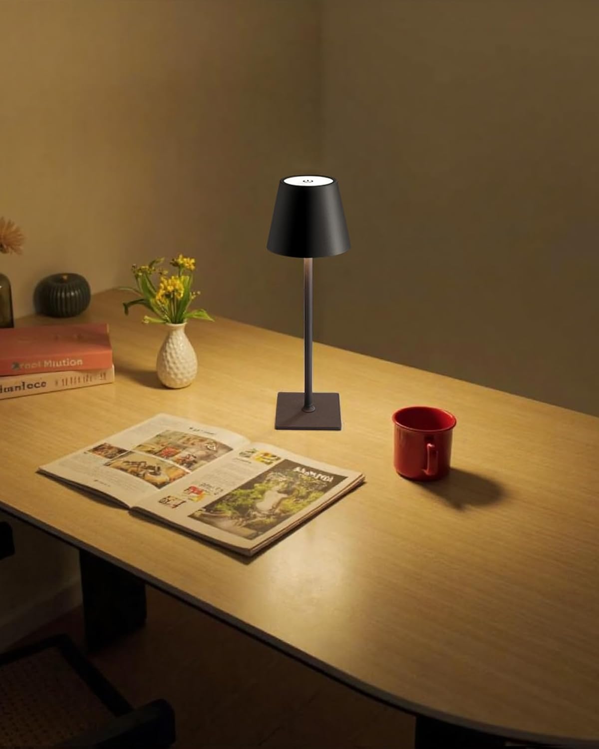 KDG Cordless Black Table Lamp, Portable Desk Lamp, 5000mAh Battery Operated | LED 3 Color Stepless Dimming Up, for Restaurant, Bedroom, Bars, Outdoor Party, Camping, Coffee Shop, Atmosphere Night Light