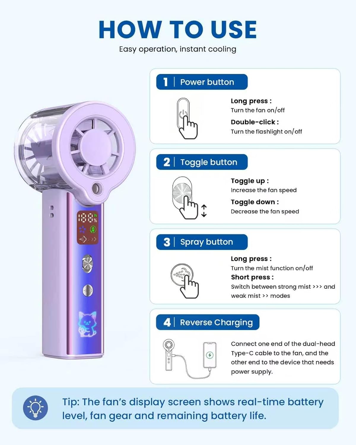 Portable Misting Fan with Mist, 3-in-1 Rechargeable Handheld 4000mAh | Adjustable mist mode, 100-speed wind control, LED display, power bank function, 30000RPM, compact & lightweight