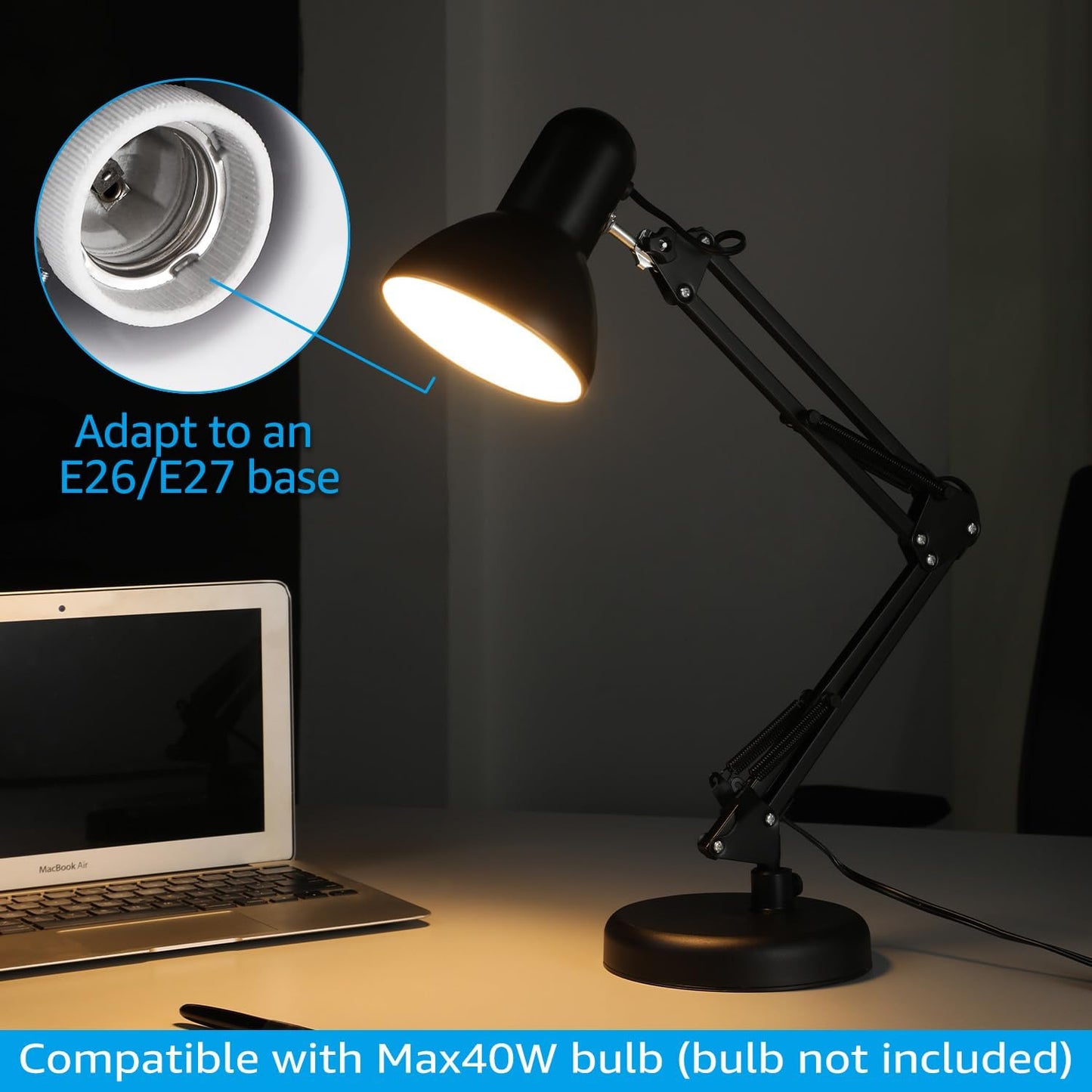 TORCHSTAR Metal Desk Lamp, Adjustable Swing Arm, E26, Black | Architect Gooseneck Multi-Joint Clip Table Lamp with Plastic Clamp, for Home Office, Work, Study, Reading, Bulbs not Included