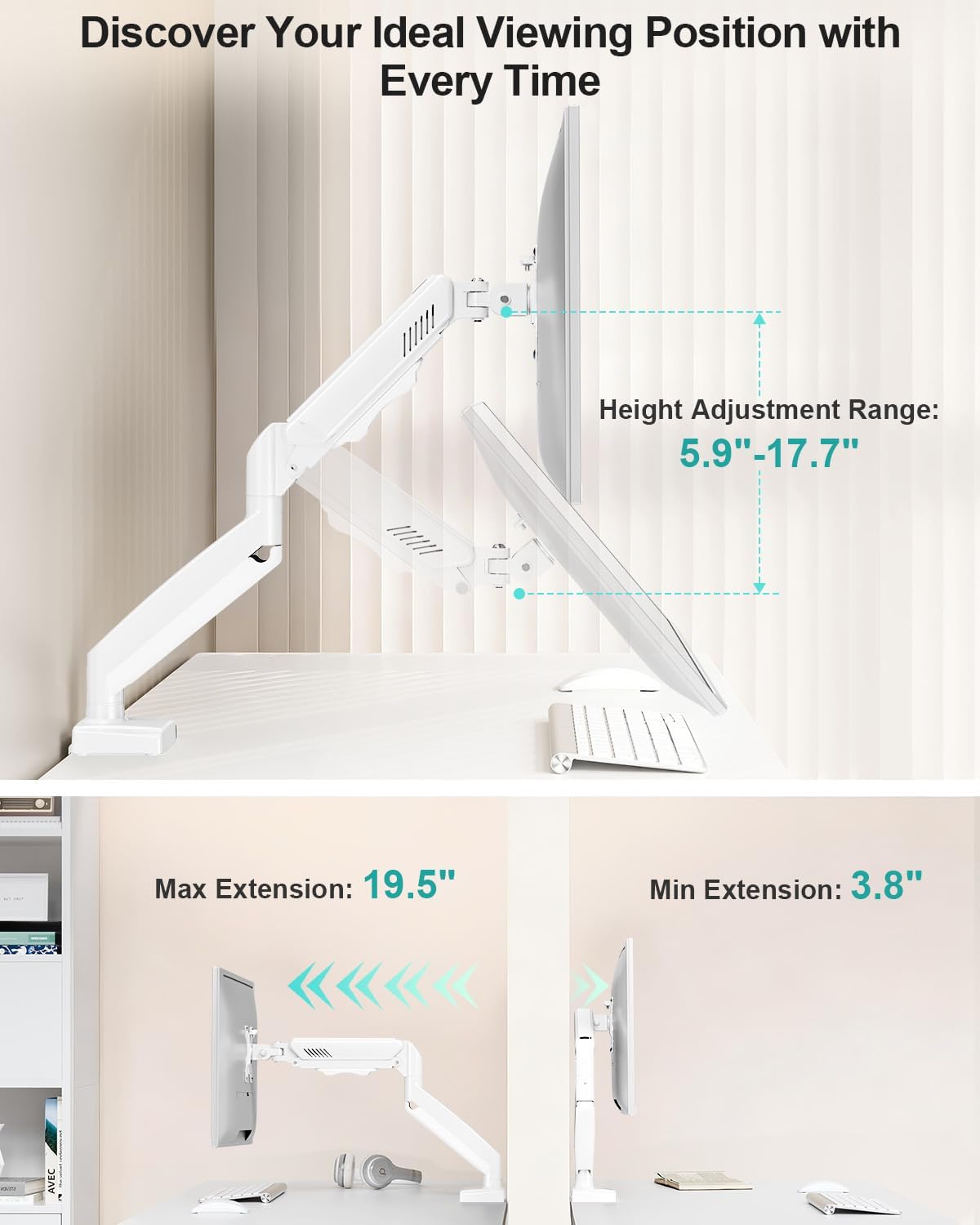 Single Monitor Desk Mount, 19-34 inch Adjustable Full Motion Monitor Arm, Computer Monitor Stand Holder with Clamp and Grommet Base, Fit 4.4 to 19.8lbs Screens, VESA Mount Bracket, White