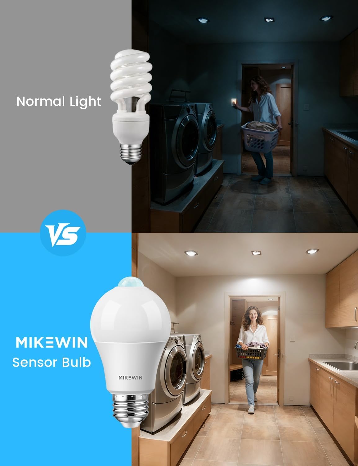Motion Sensor Light Bulbs, 100W Eq., E26, 110-130V, 5000K, 4Pack