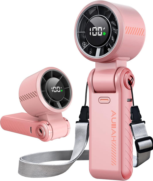 Portable Handheld Turbo Fan - 5 Speed Mini Personal Fan with Strong Airflow, Foldable 3 in 1 Rechargeable Battery Operated Trave Essentials Hand Fans for Indoor/Outdoor Use, Pink