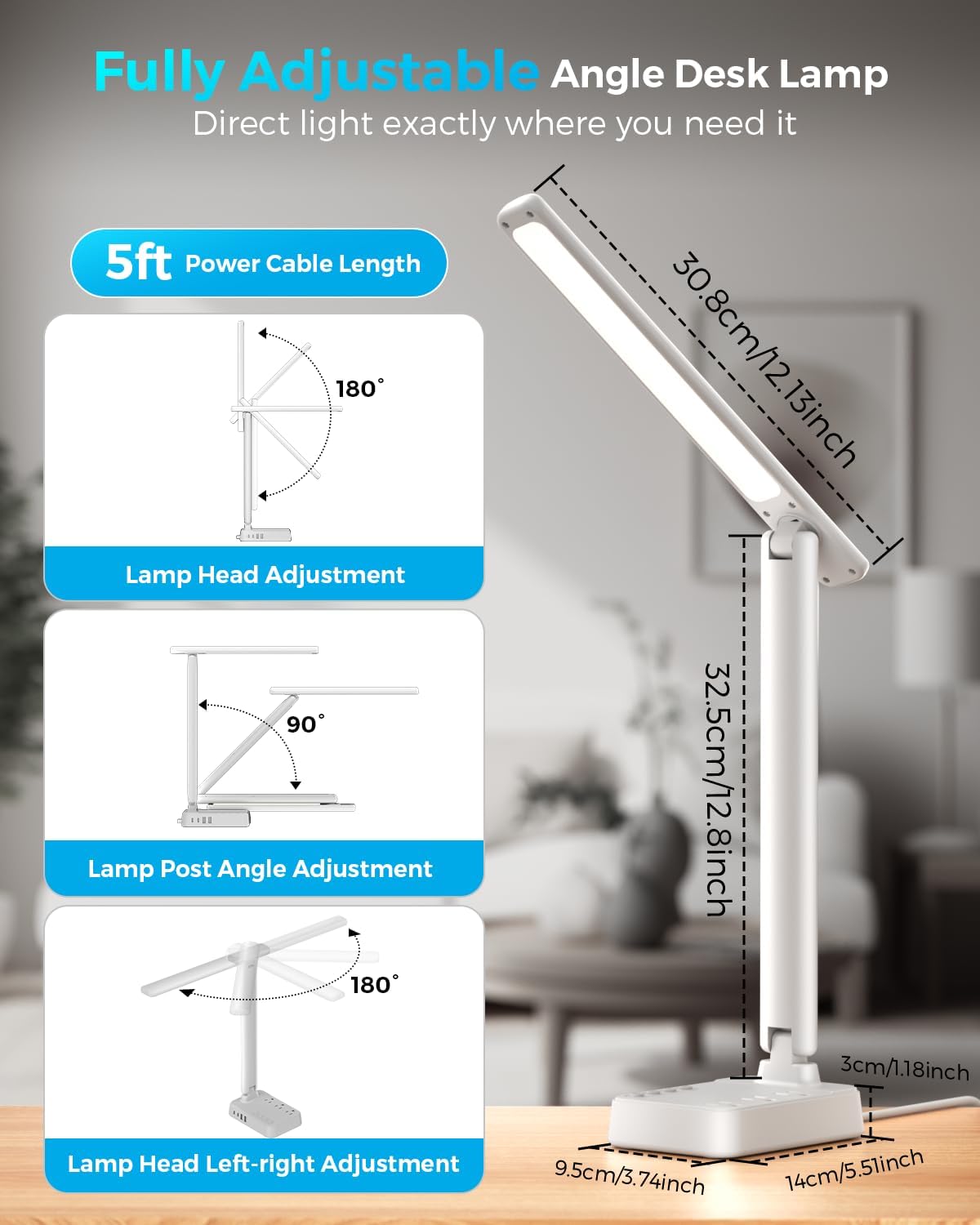 LED Desk Lamp with Power Strip, 3 AC Outlets, 4 USB Ports, Stepless Dimming