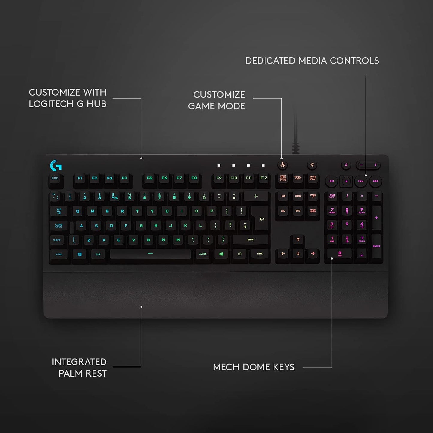Logitech G213 Prodigy Wired RGB Gaming Keyboard - Black | Mech-Dome Keys, Palm Rest, Adjustable Feet, Media Controls, LIGHTSYNC RGB, USB, Compatible with Windows