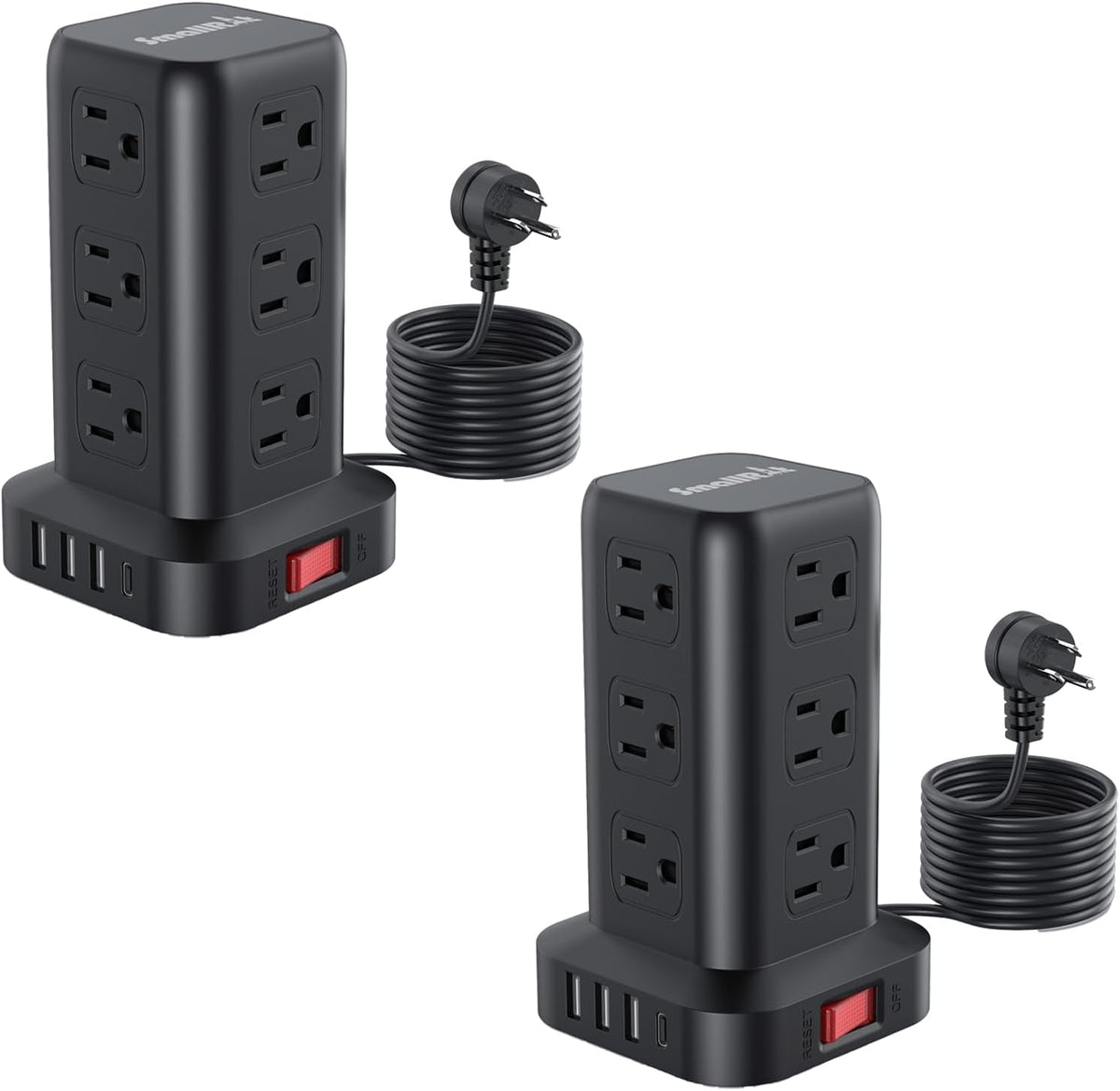2 Pcs Extension Cord with Multiple Outlets, SMALLRT Power Strip Tower, Outlet Extender with 12 AC Outlets 4 USB, 6.5FT Extension Cord for Home Office Dorm Room, Overload Protection