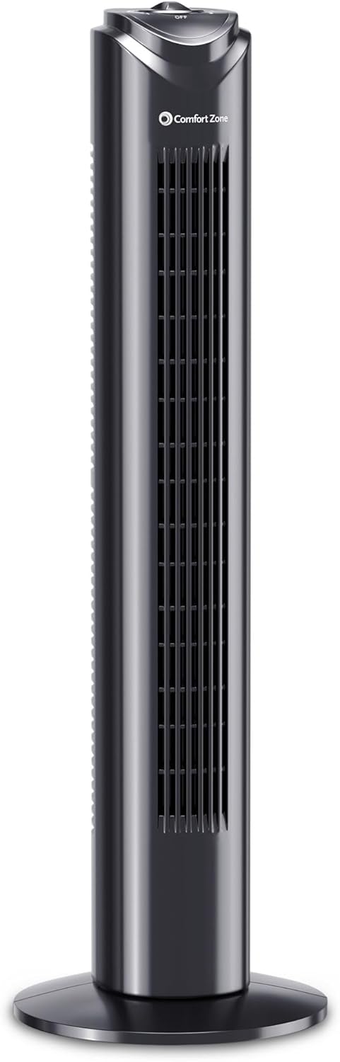 Comfort Zone 32-Inch Oscillating Tower Fan – Ultra-Slim Bladeless Design with 3 Speeds, 90° Wide Oscillation & Built-in Carry Handle – Quiet Portable Standing Fan for Bedroom, Home, or Office, Black