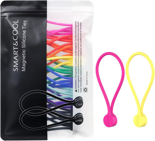 SMART&COOL Reusable Silicone Magnetic Cable Ties, Multicolored, 20-Pack | Bundling and Organizing, Holding Stuff, Book Markers, Fridge Magnets