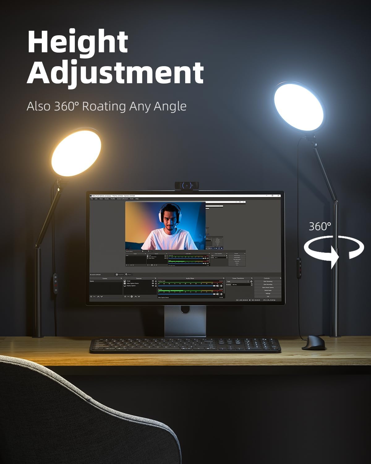 10.2" Desk Ring Light with Stand, 360° Rotate Desk Lamps for Home Office with C-Clamp, Flexible Height Desk Light, Adjust Arm Ring Light for Desk, Podcast, Gaming, Recording, Zoom Lighting