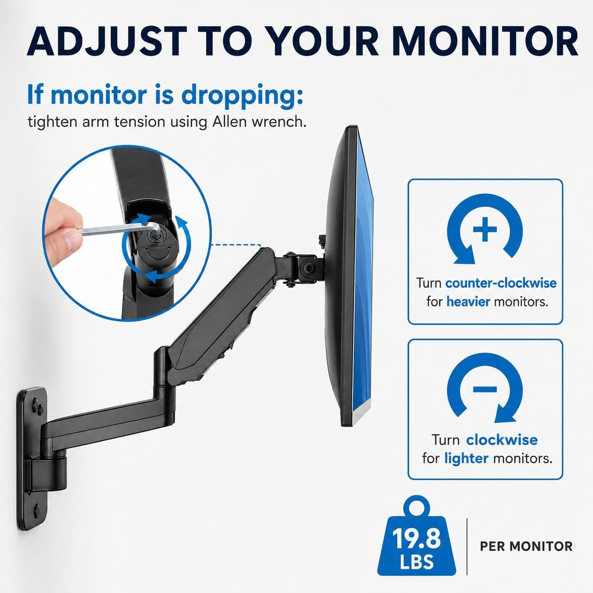 Mount-It! Dual Monitor Wall Mount Bracket - Double Computer Monitor Wall Mount With Two Height Adjustable Full Motion Arms Tilt up to 17" - 32" Inch Screens with 75, 100 VESA Patterns, 19.8 Lb Per Arm